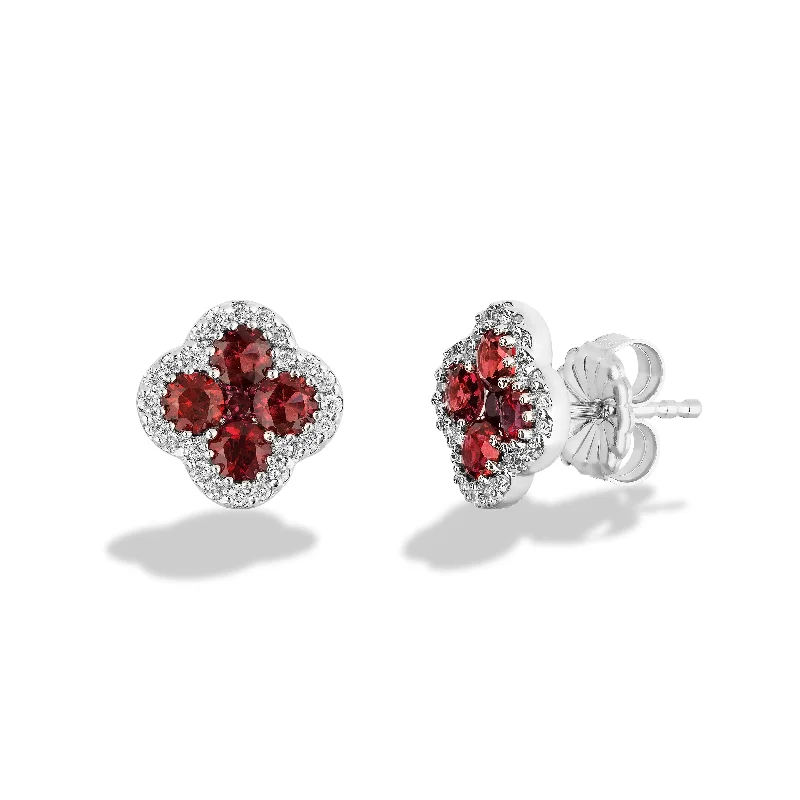 Hippie Stud Earrings with Beads -Sabel Collection 18K White Gold Ruby and Diamond Flower Stud Earrings