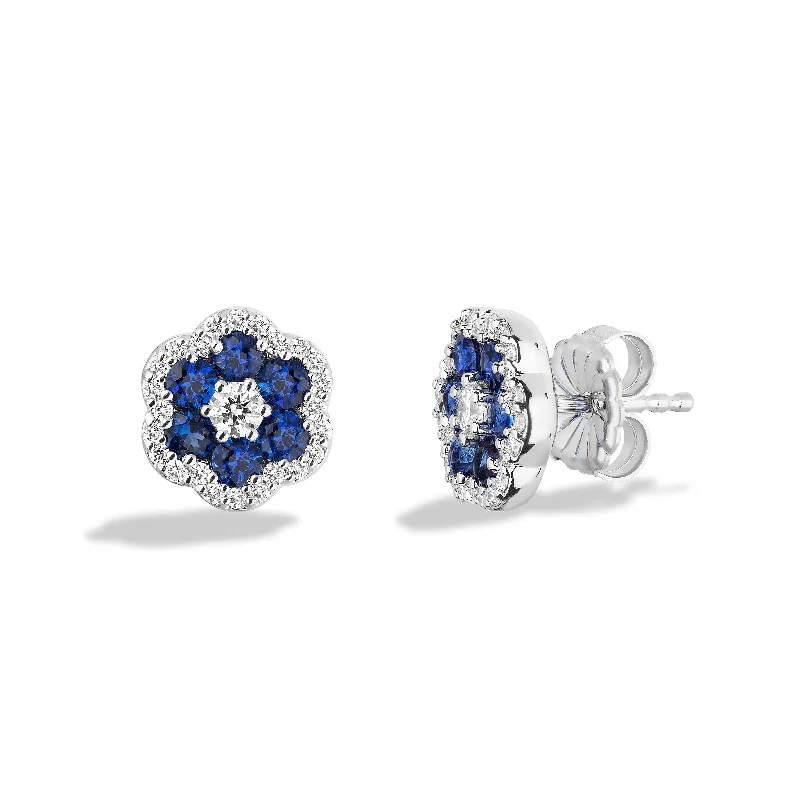 Contemporary Stud Earrings for Fashion -Sabel Collection 18K White Gold Sapphire and Diamond Flower Stud Earrings