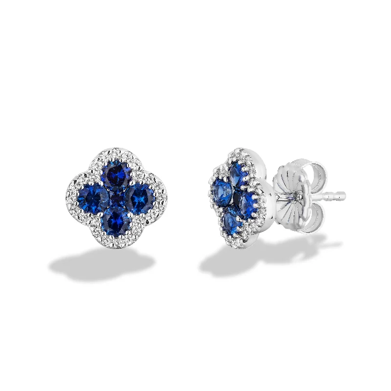 Gothic Stud Earrings with Dark Tone -Sabel Collection 18K White Gold Sapphire and Diamond Flower Stud Earrings