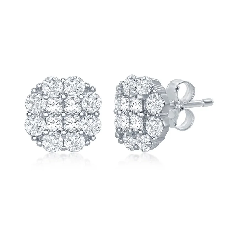 Stud Earrings with Knot Designs -Silver CZ Flower Design Stud Earrings