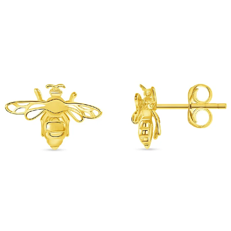 Hippie Stud Earrings with Beads -Solid 14k Yellow Gold 3D Bumblebee Bee Stud Earrings with Friction Push Back