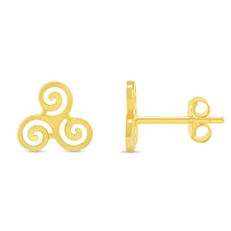 Stud Earrings with Hammered Finish -Solid 14k Yellow Gold Celtic Triple Spiral Triskelion Stud Earrings with Screw Back, 8.5mm x 9mm