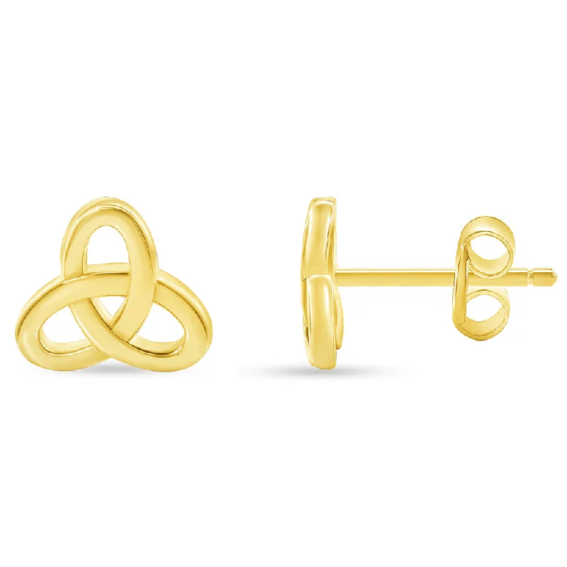 Stud Earrings with Embossed Patterns -Solid 14k Yellow Gold Celtic Triquetra Trinity Knot Stud Earrings with Screw Back, 8mm x 8.8mm