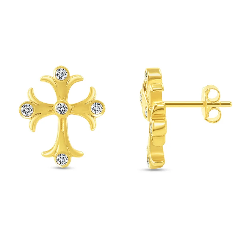 Stud Earrings for Graduation Day -Solid 14k Yellow Gold Cubic-Zirconia Elegant Religious Cross Stud Earrings with Screw Back, 10.5mm