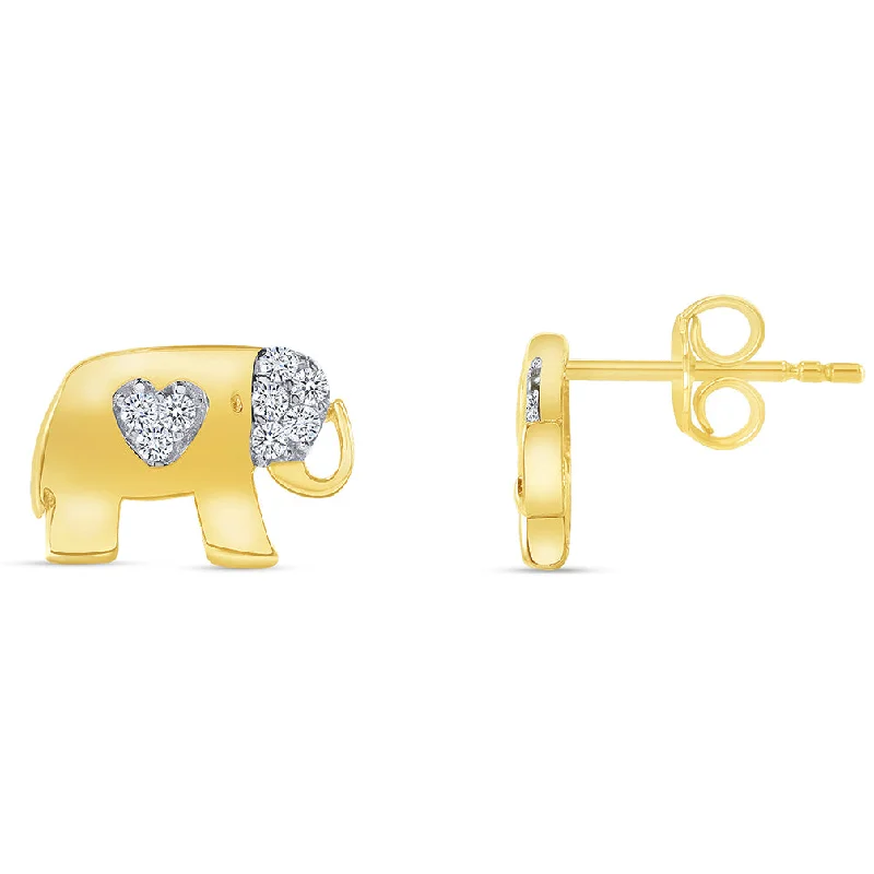 Stud Earrings for Birthday Celebration -Solid 14k Yellow Gold Cubic-Zirconia Heart Elephant Stud Earrings with Screw Back, 6.5mm