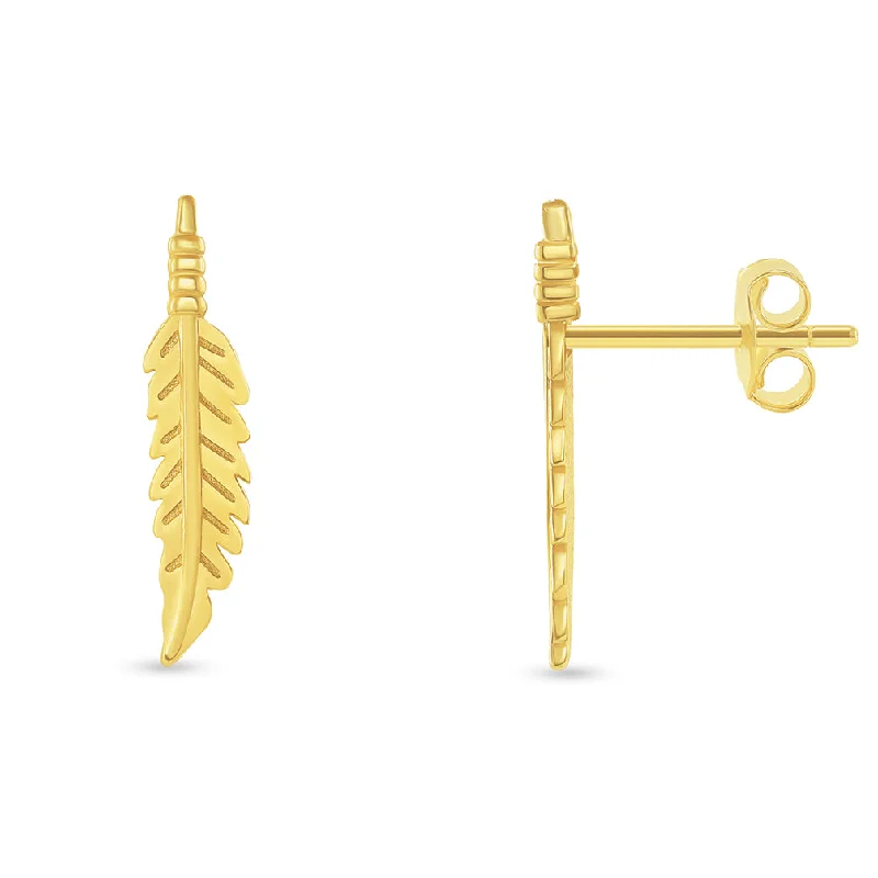 Stud Earrings for Wedding Ceremony -Solid 14k Yellow Gold Feather Shaped Leaf Stud Earrings with Screw Back, 17mm