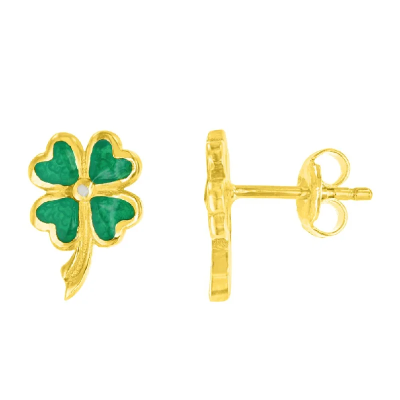 Stud Earrings with Leaf Motifs -Solid 14K Yellow Gold Heart Shaped Four Leaf Clover Good Luck Stud Earrings with Enamel