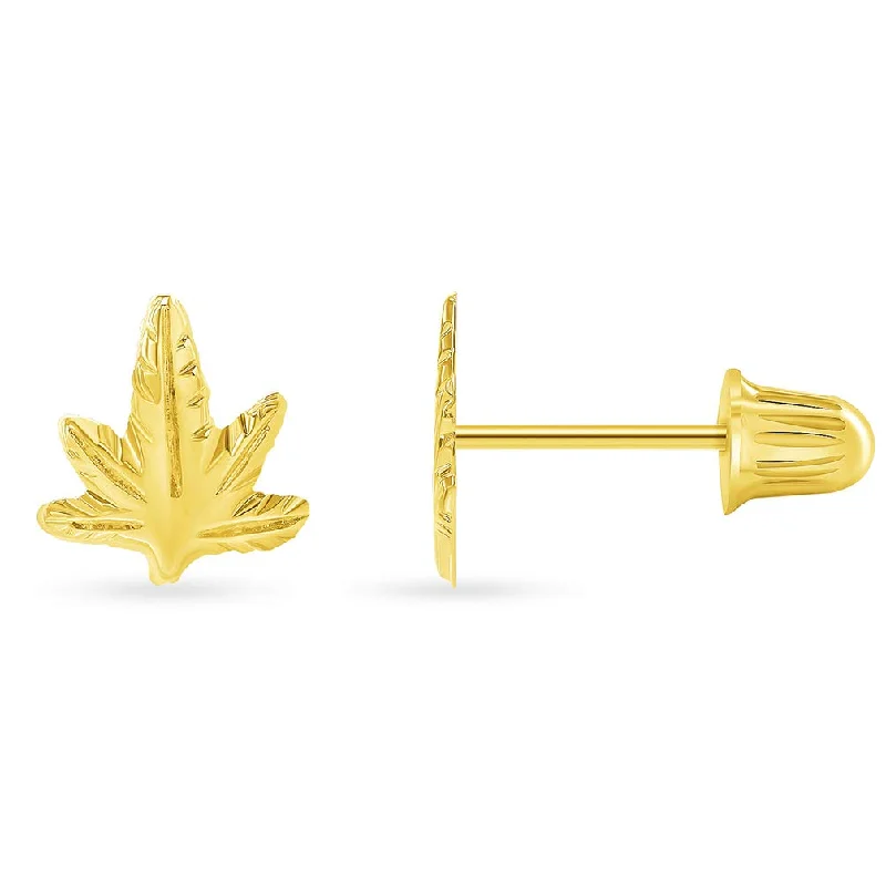 Celtic Stud Earrings with Knotwork -Solid 14k Yellow Gold Marijuana Weed Leaf Stud Earrings with Screw Back