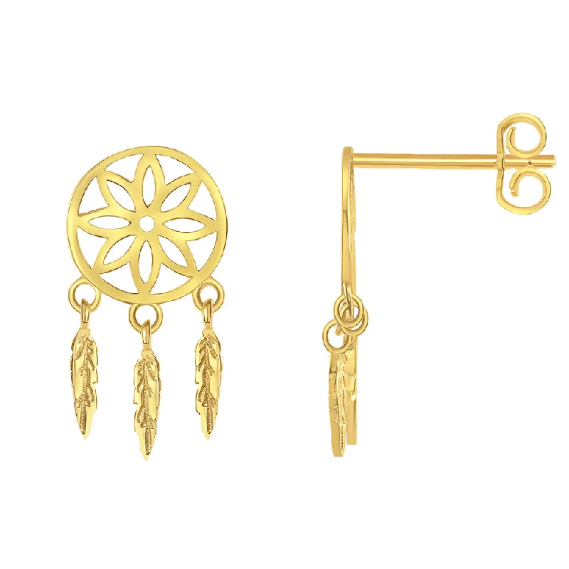 Stud Earrings with Crystals -Solid 14k Yellow Gold Native American Dreamcatcher Dangling Feathers Stud Earrings with Screw Back, 16mm