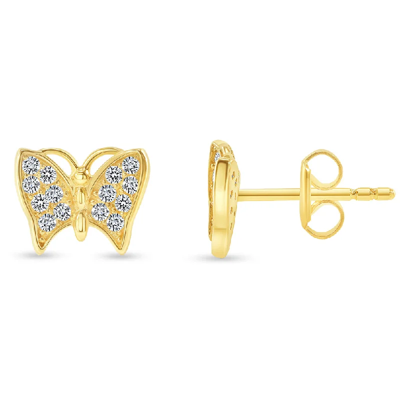 Stud Earrings for Mother's Day -Solid 14k Yellow Gold Pave Cubic-Zirconia Butterfly Stud Earrings with Screw Back, 6.5mm