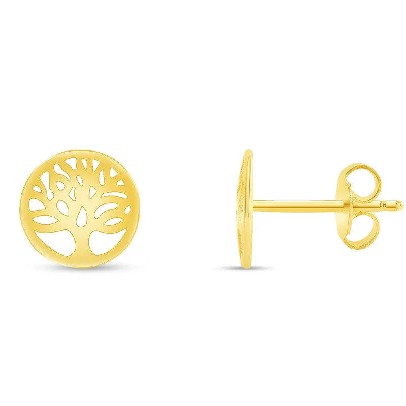 Stud Earrings for Bridesmaids Look -Solid 14k Yellow Gold Round Tree of Life Stud Earrings with Screw Back, 8.5mm