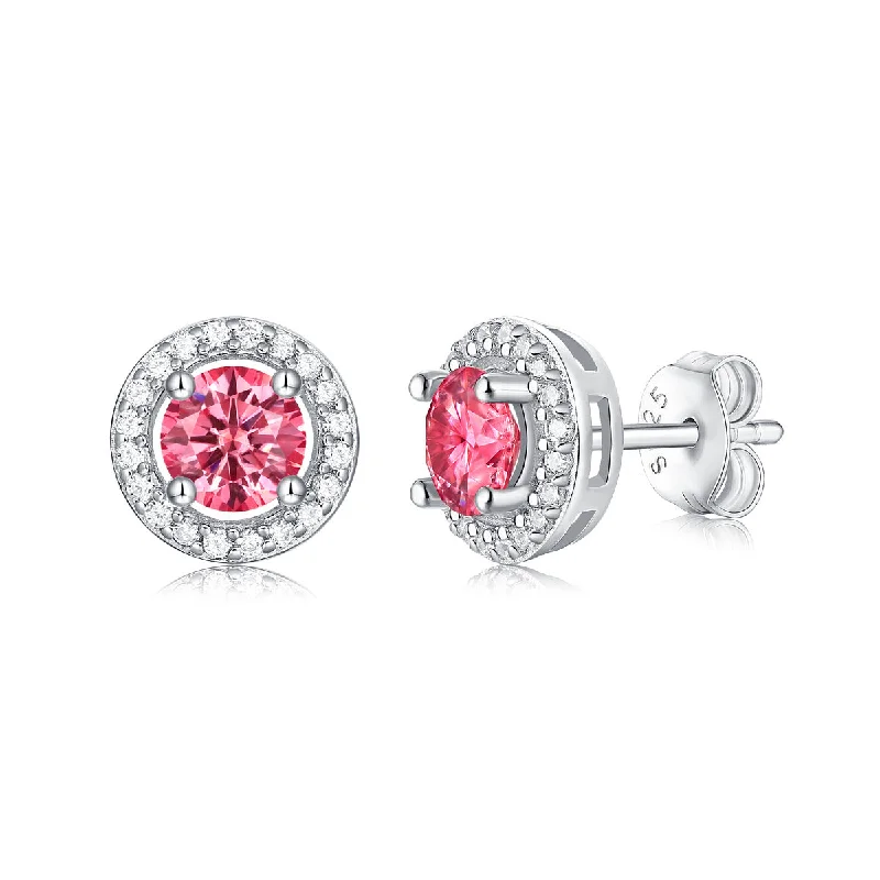 Stud Earrings with Gemstones and Beads -Sterling Silver 0.50 Lab-Grown Pink & White Moissanite Round Halo Stud Earrings