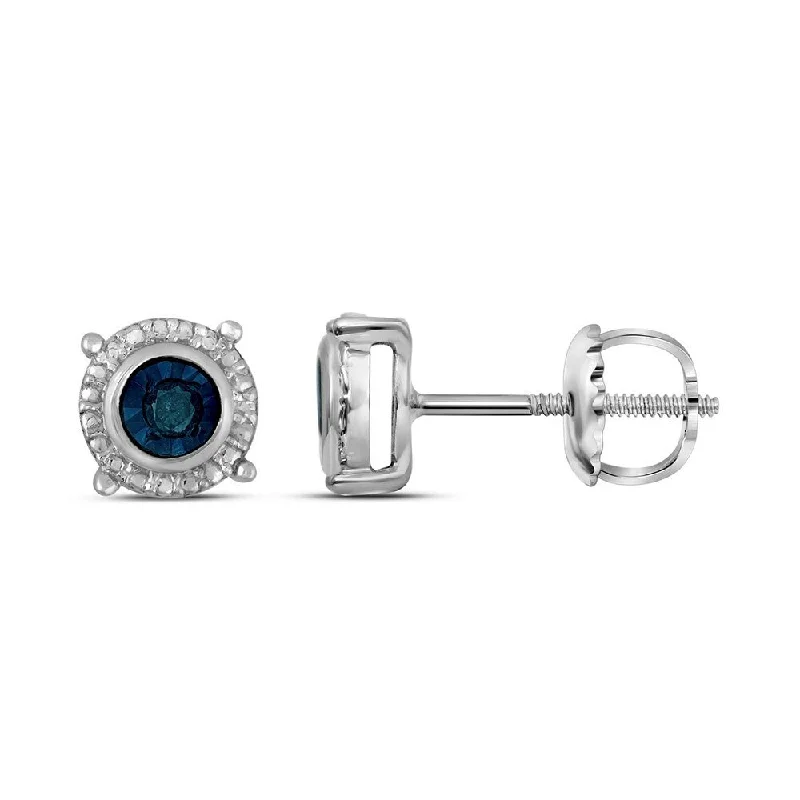 Stud Earrings for Graduation Day -Sterling Silver 1/10 Carat Round Blue Color Enhanced Diamond Stud Earrings for Women