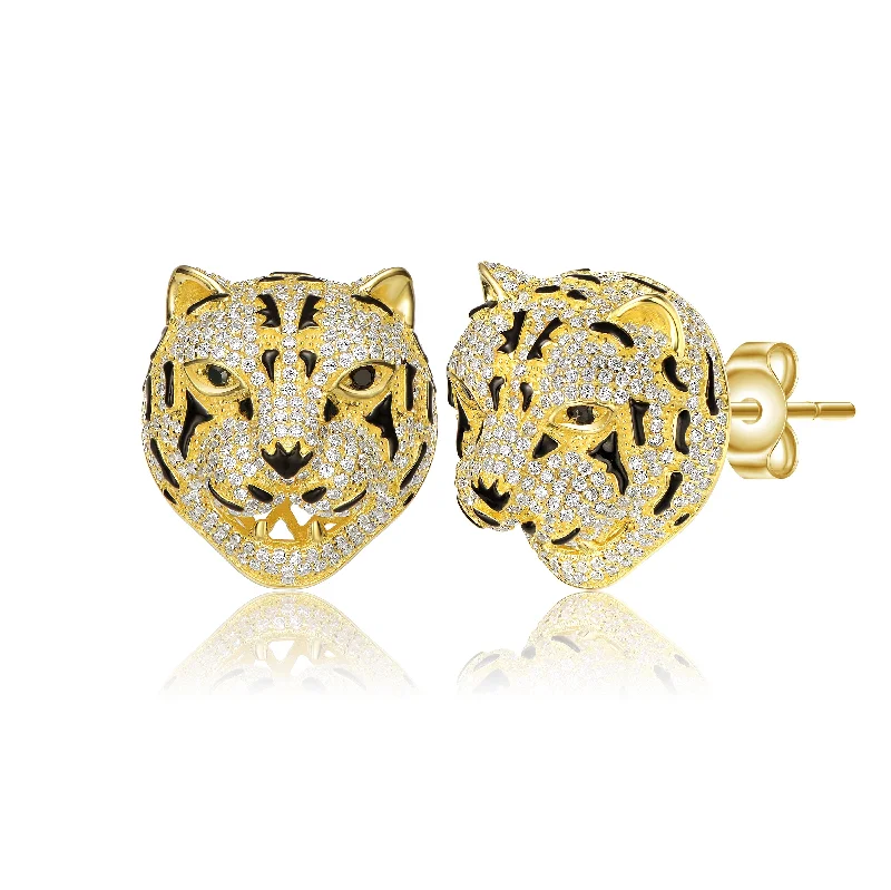 Large Stud Earrings for Statement -14k Yellow Gold Plated with Cubic Zirconia Leopard Head Stud Earrings in Sterling Silver