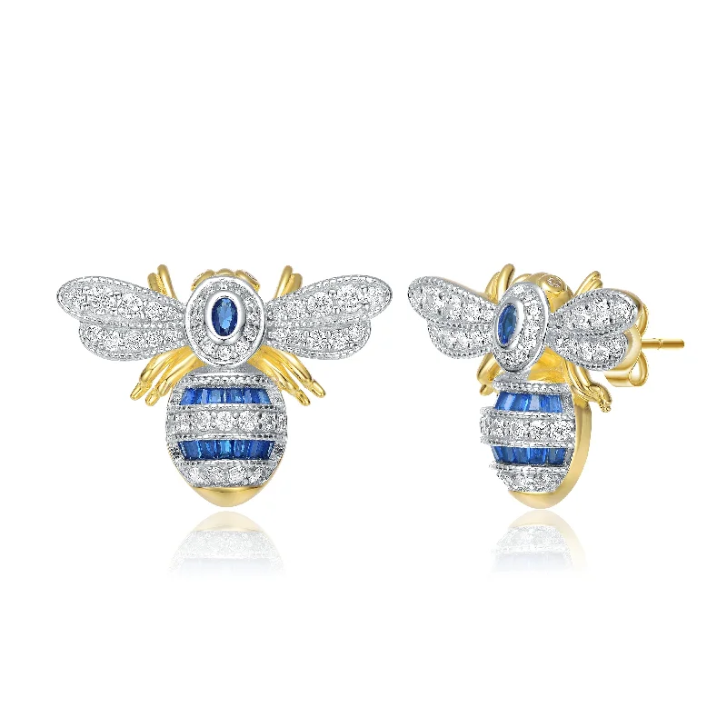 Square Stud Earrings for Modern -Sterling Silver 14k Yellow Gold Plated with Blue Sapphire & Cubic Zirconia Wasp Stud Earrings