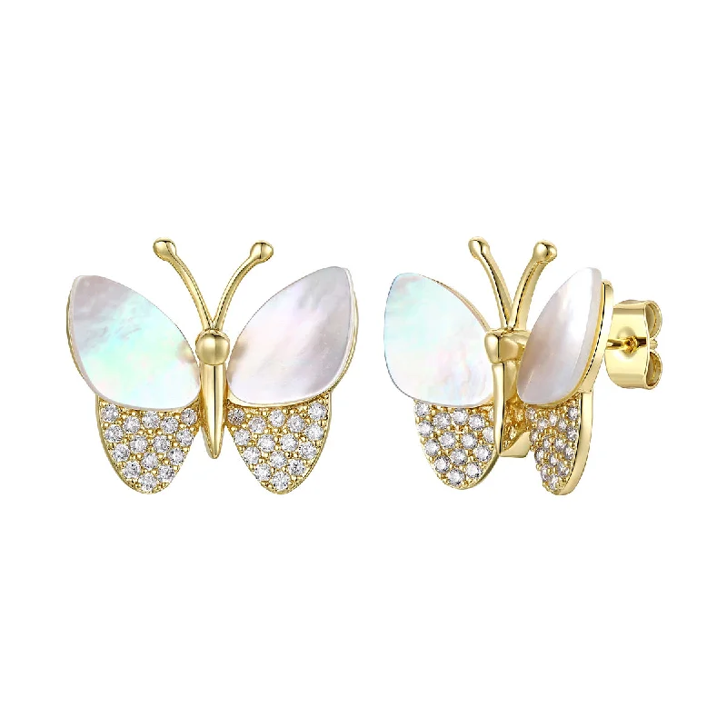 Silver Stud Earrings for Men -Sterling Silver Large 14k Gold Plated with Mother of Pearl & Cubic Zirconia Butterfly Stud Earrings