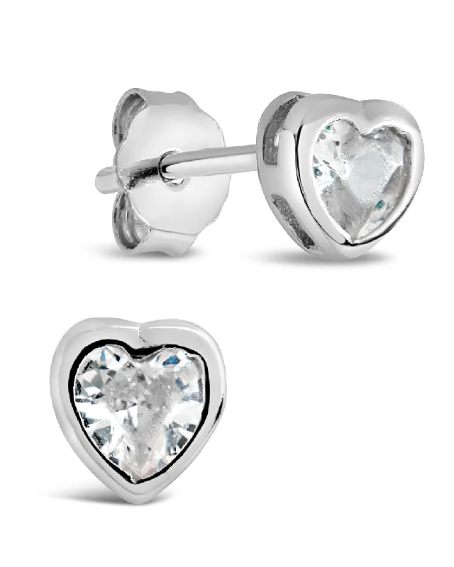 Stud Earrings with Vine Designs -Sterling Silver 2mm Heart CZ Stud Earrings