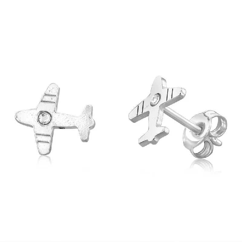 Heavy Duty Stud Earrings for Durability -Sterling Silver Crystal On Aeroplane Stud Earrings