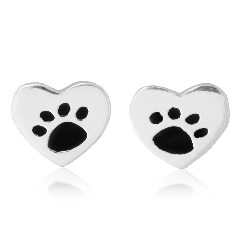 Floral Stud Earrings with Petals -Sterling Silver Heart with Paw Print Stud Earrings