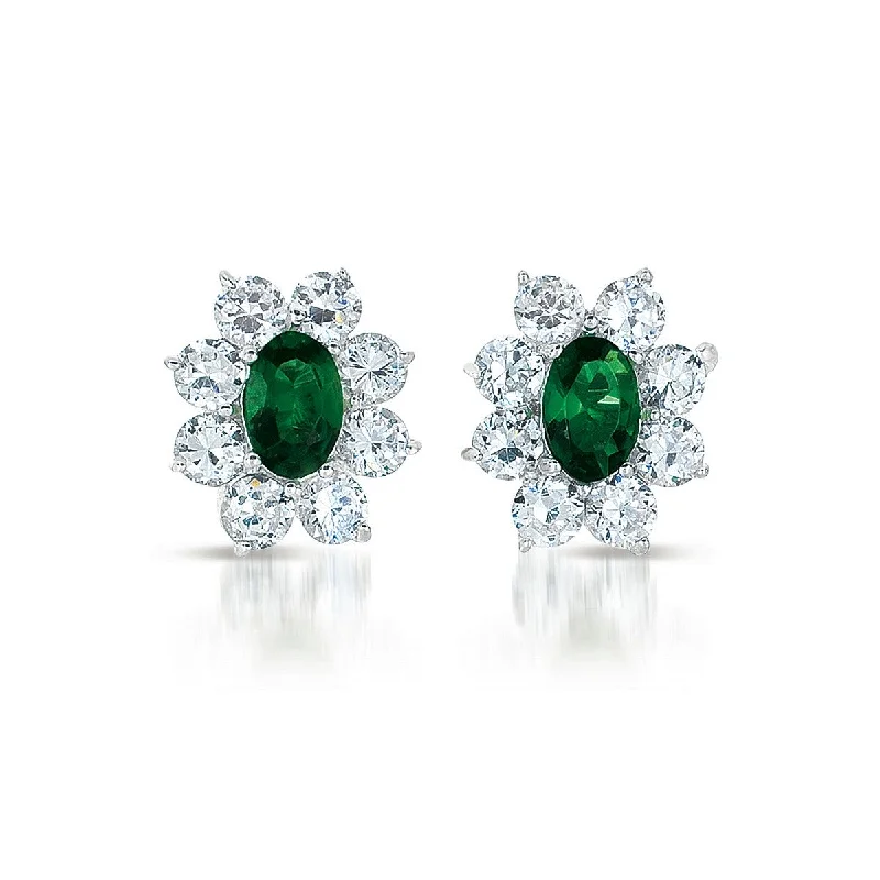 Gold Stud Earrings for Women -Sterling Silver Emerald Cubic Zirconia Flower Stud Earrings