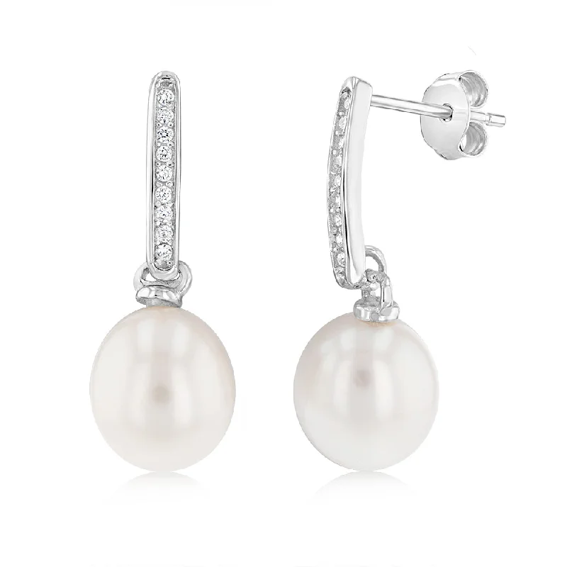 Tarnish Resistant Stud Earrings for Longevity -Sterling Silver White Rice Pearl & Cubic Zirconia Stud Earrings