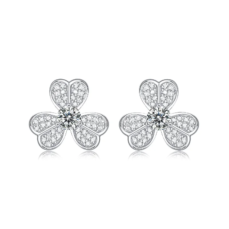 Stud Earrings with Crystals -Sterling Silver with 0.25ctw Lab Created Moissanite Blooming Flower Petal Stud Earrings