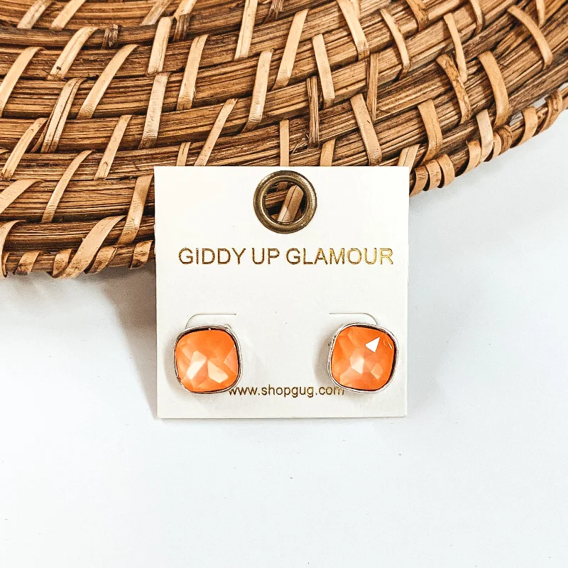 Maximalist Stud Earrings for Bling -Silver Tone Square Stud Earrings with Crystals in Orange