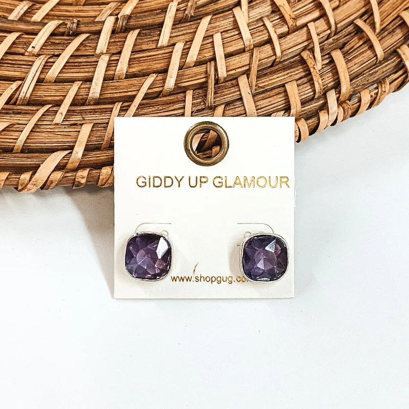 Minimalist Stud Earrings with Simplicity -Silver Tone Square Stud Earrings with Crystals in Purple