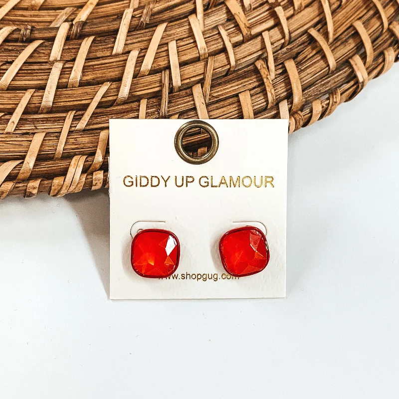 Retro Stud Earrings for Nostalgia -Square Stud Earrings with Crystals in Red