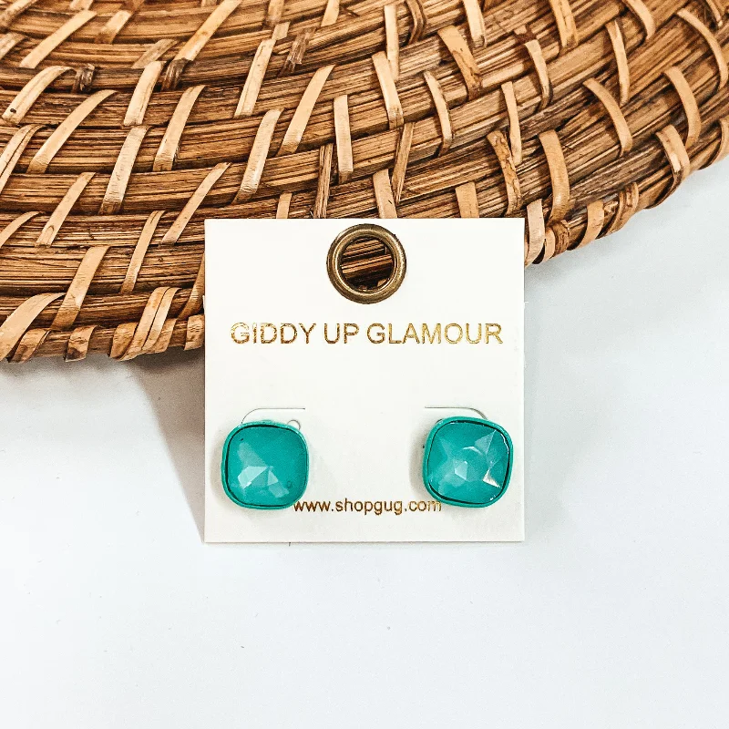 Contemporary Stud Earrings for Fashion -Square Stud Earrings with Crystals in Turquoise