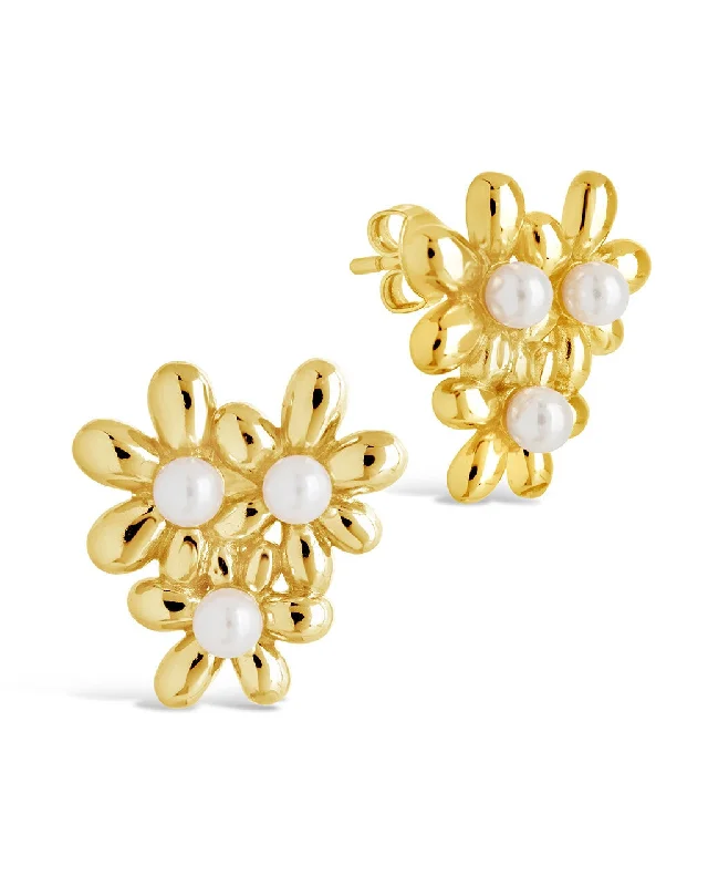 Gold Stud Earrings for Women -Vallie Pearl Flower Stud Earrings