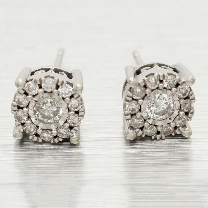 Stud Earrings with Leaf Motifs -Vintage 0.40ctw Diamond Halo Stud Earrings - 14k White Gold Pushbacks