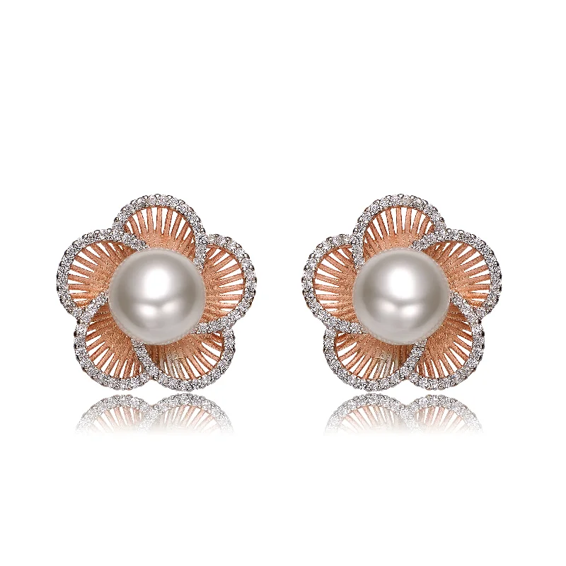 Stud Earrings with Abstract Designs -White Gold Cubic Zirconia 18K Rose Gold Flower Design Sterling Silver Stud Earrings