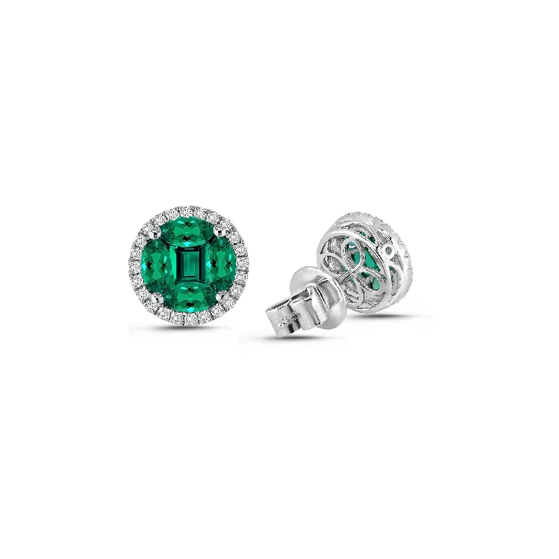 Stud Earrings with Vine Designs -Sabel Collection White Gold Emerald and Diamond Stud Earrings