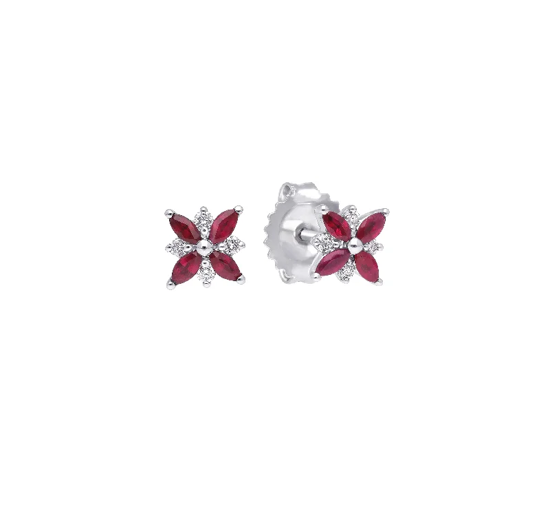 Push Back Stud Earrings for Convenience -Sabel Collection White Gold Marquise Ruby and Diamond Stud Earrings