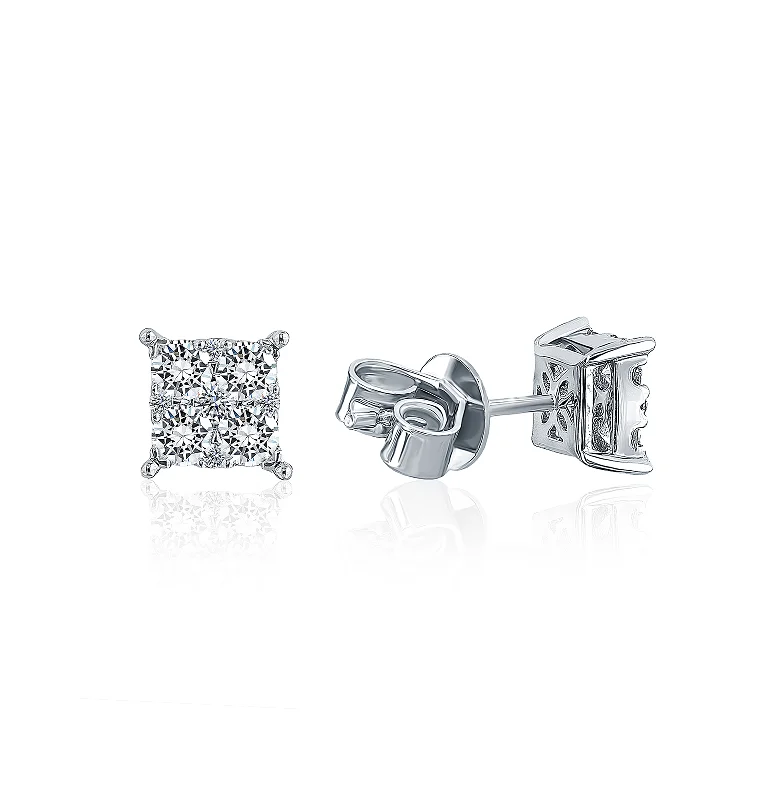 Stud Earrings with Wave Designs -Sabel Collection White Gold Round Diamond Cluster Square Stud Earrings