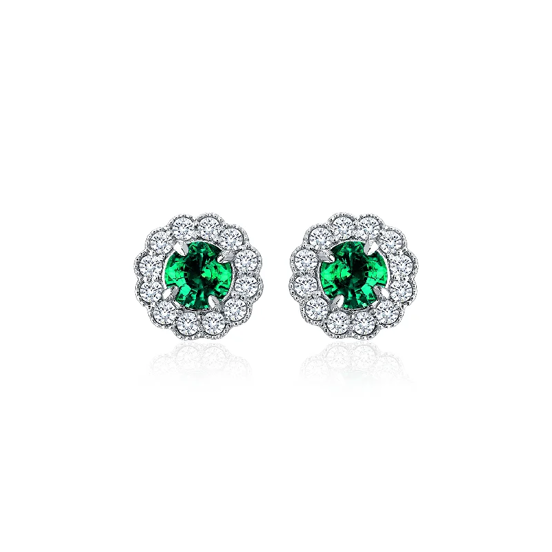 Stud Earrings with Crown Designs -Sabel Collection White Gold Round Emerald and Diamond Milgrain Halo Stud Earrings