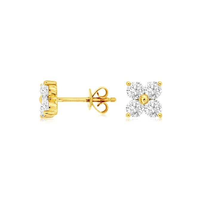 Magnetic Closure Stud Earrings for Easy -Sabel Collection Yellow Gold Diamond Flower Stud Earrings