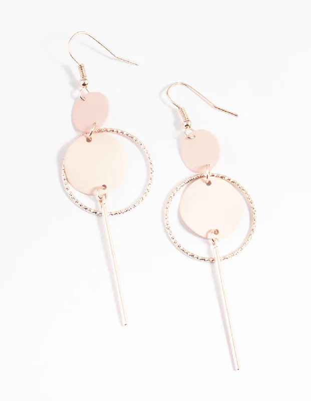 Maximalist Drop Earrings for Bling -Rose Gold Open Disc & Stick Drop Earrings