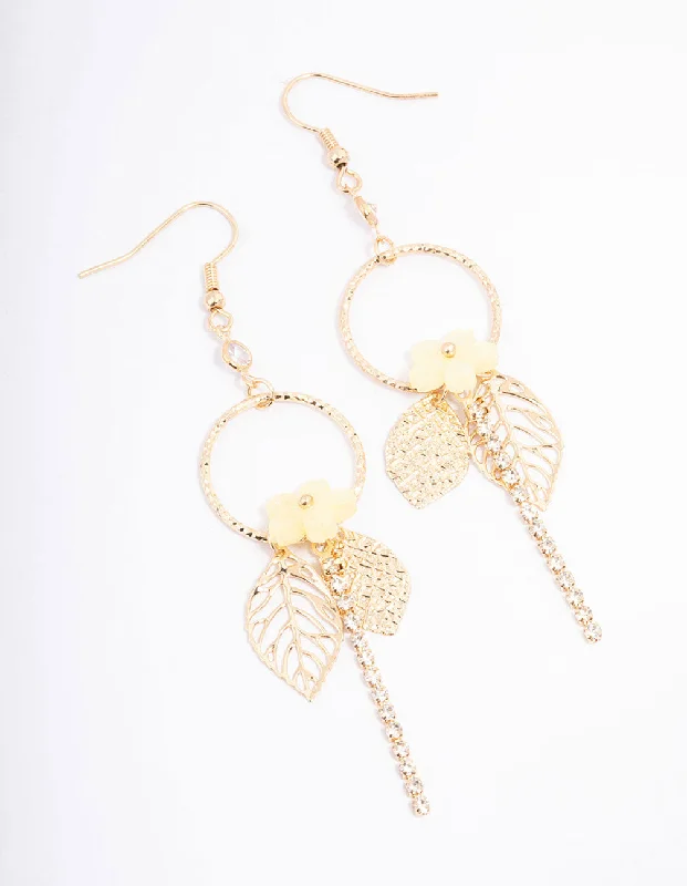 Drop Earrings for Travel Look -Yellow Circle Flower Leaf Chain Drop Earrings