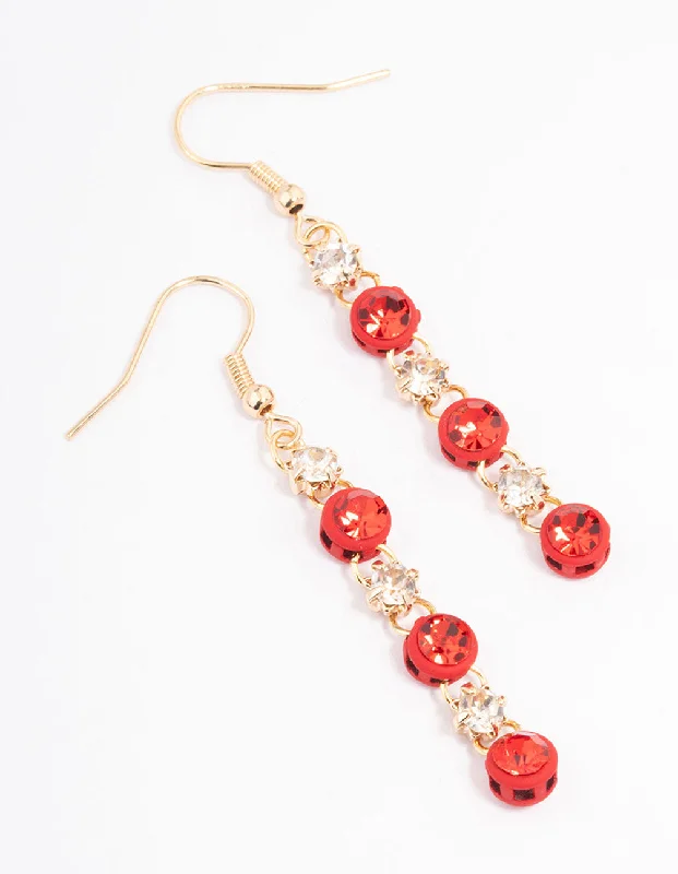 Drop Earrings for Work Attire -Red Diamante & Stone Chain Drop Earrings