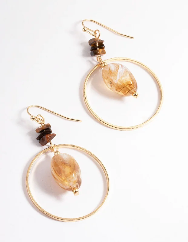 Vintage Drop Earrings with Patina -Brown Mixed Bead Open Circle Drop Earrings