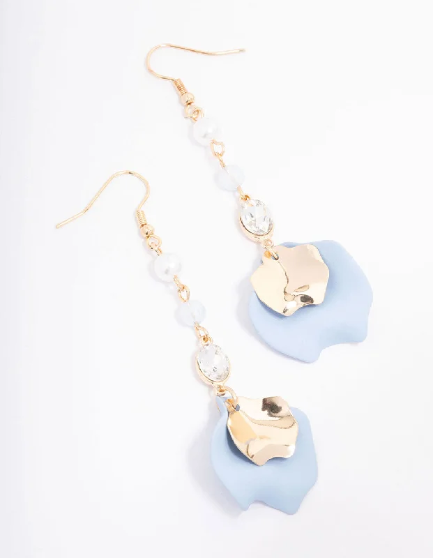 Drop Earrings for Concert Look -Blue Pearl Beaded Petal Drop Earrings