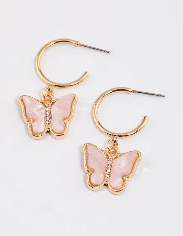 Drop Earrings for Yoga Session -Pink Acrylic Butterfly Hoop Drop Earrings