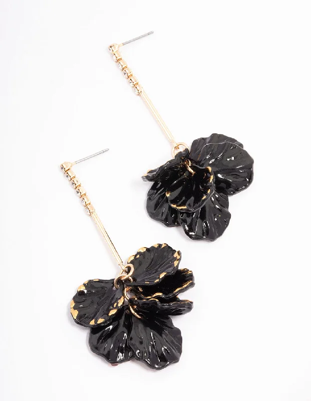 Drop Earrings with Abstract Designs -Black Cup Chain Large Petal Drop Earrings