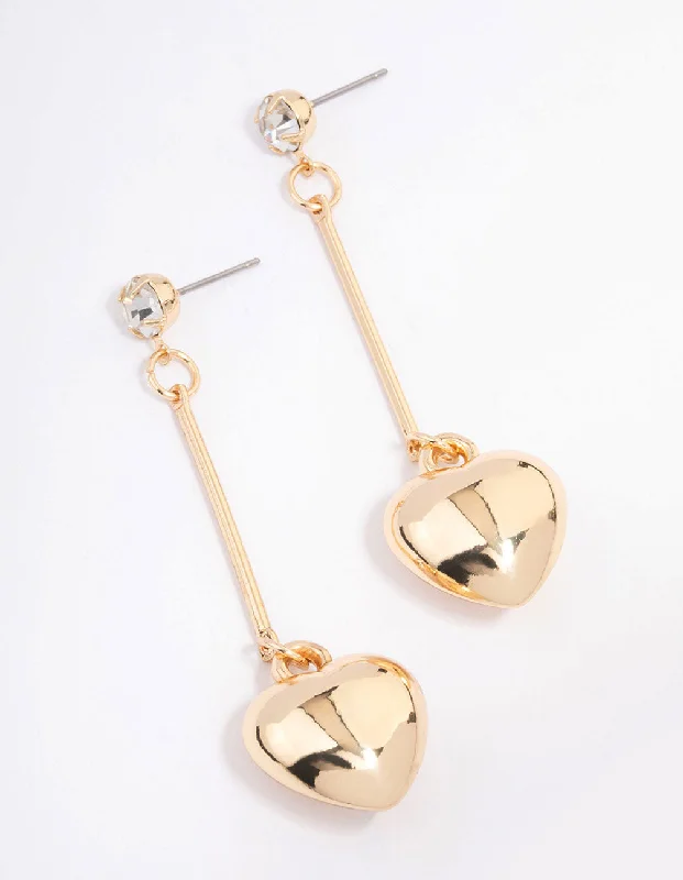 Drop Earrings for Yoga Session -Gold Diamante Chubby Heart Drop Earrings