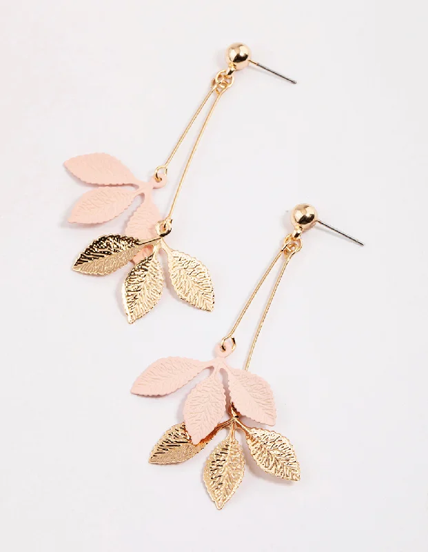 Large Drop Earrings for Statement -Pink Multi Leaf Stick Drop Earrings