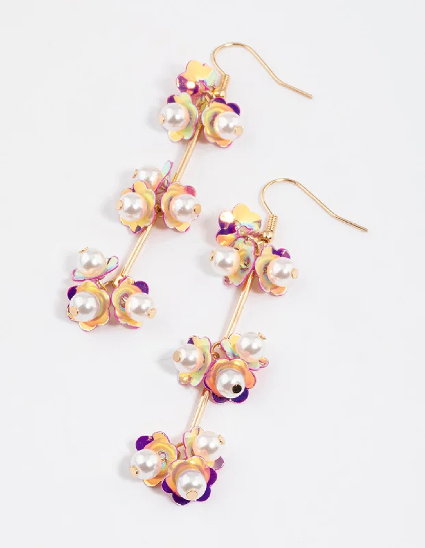 Long Drop Earrings for Dramatic -Pink Sequin Stick Flower Drop Earrings