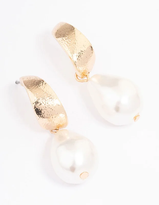 Drop Earrings for Wellness Routine -Gold Warped Hoop Pearl Drop Earrings