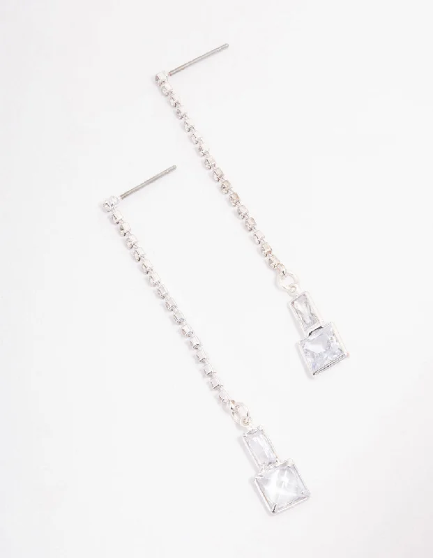 Drop Earrings with Symbolic Elements -Silver Cup Chain Diamante Stone Drop Earrings